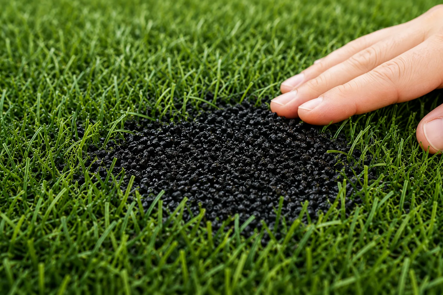 Hand beside a patch of exposed black rubber infill on artificial turf, showing uneven infill