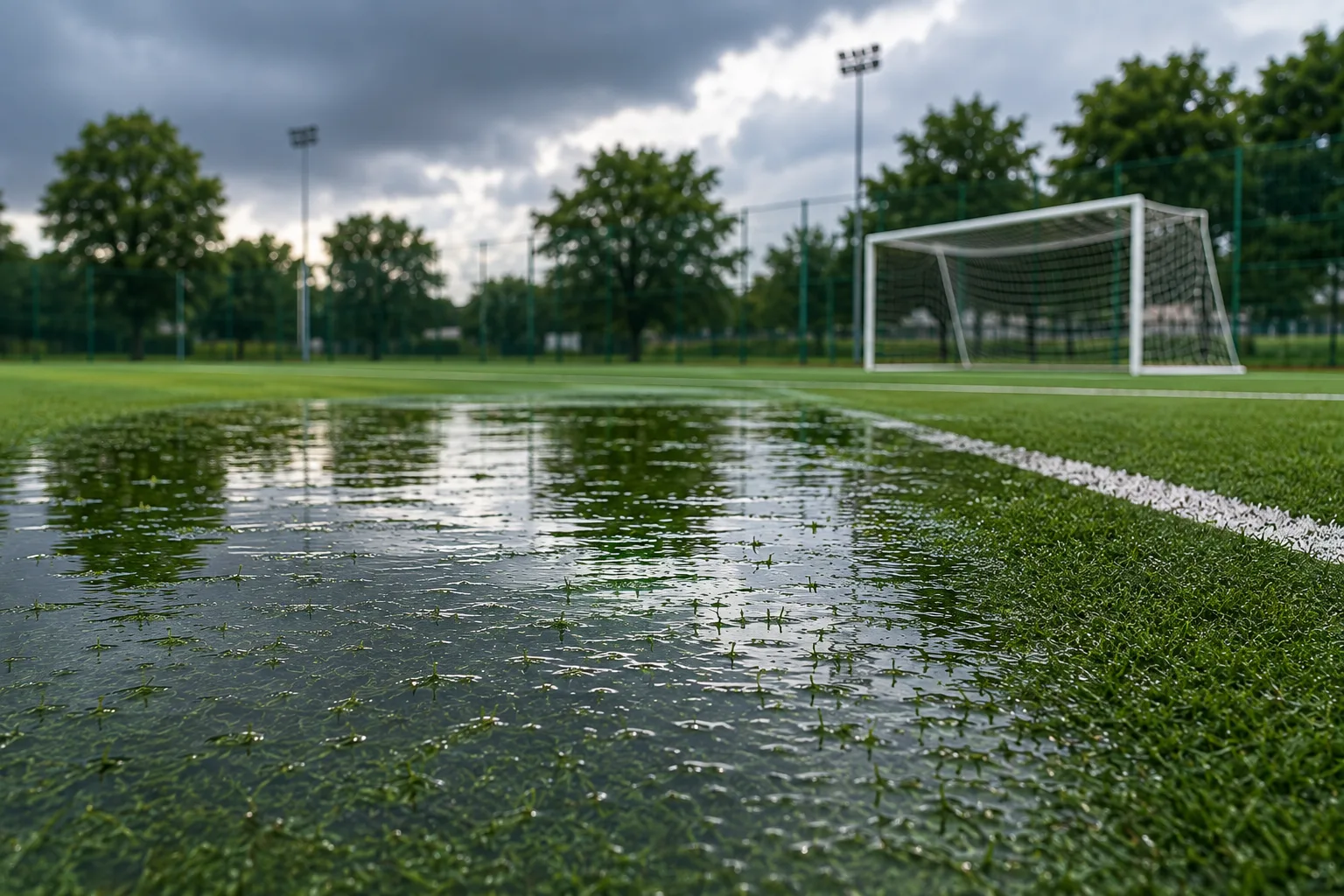 Standing water pooled on an artificial turf football pitch after heavy rain, a sign of slow drainage